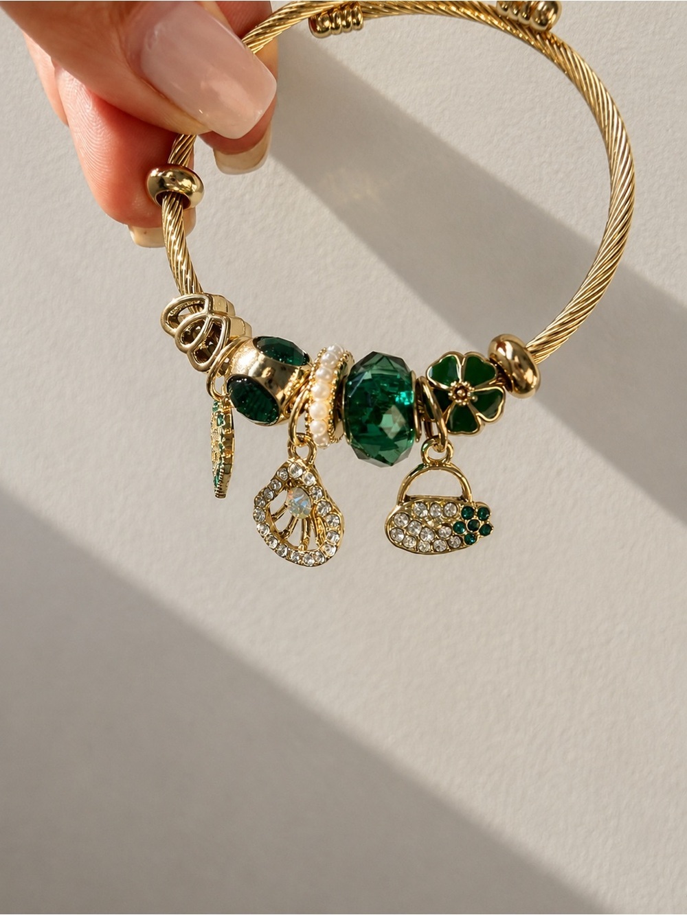 Gold-Tone Bracelet with Green Crystal & Heart Charms Y2k